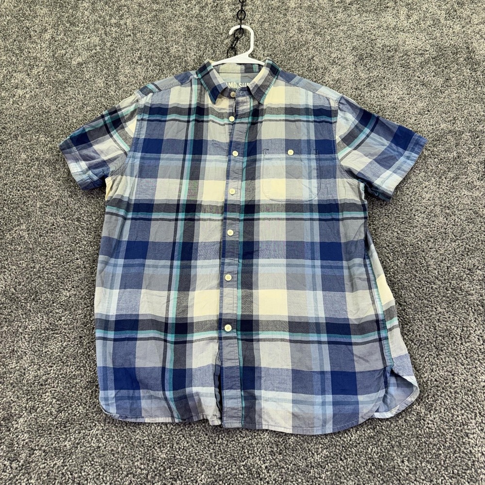 Mossimo Supply Shirt Mens Medium Blue Plaid Short Sleeve Button Up Cotton Casual